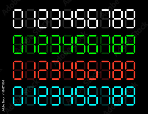 Digital display numbers set in white, blue, green and red colors.  Electronic digits from 0 to 9 for alarm clock or LCD monitor screen.