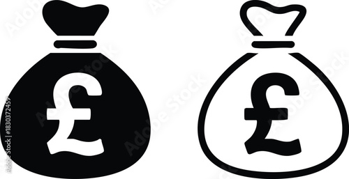 Money Bag Icon with Pound Sterling (£) Symbol, Filled and Outline Icons of a Pound Money Sack, UK Currency Bag Glyph and Line Art, Pound Sterling Money Bag Icons, British Currency Sack, UK ,Finance.