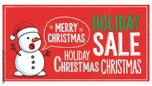 Vibrant red banner featuring a joyful snowman announcing fantastic holiday season sale offers and promotions