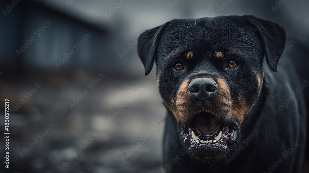 Fototapeta premium Intense Rottweiler dog with bared teeth and open mouth. showing aggression and alert expression ou
