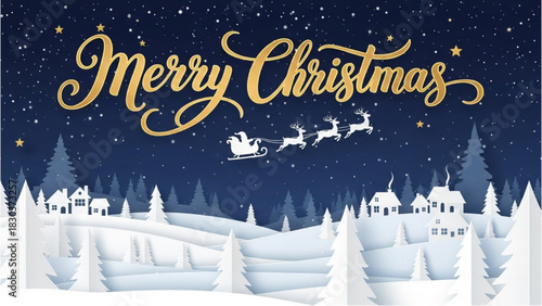 Festive paper art illustration of Santa's sleigh ride over a snowy winter town at night