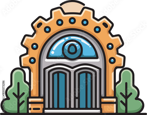 Steampunk Building Entrance with Gear Roof