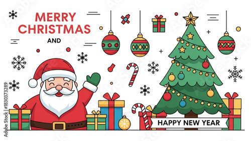 Merry Christmas and Happy New Year festive illustration with Santa Claus and decorated tree