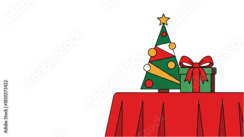 Festive Christmas scene with a decorated tree and a gift box on a red tablecloth