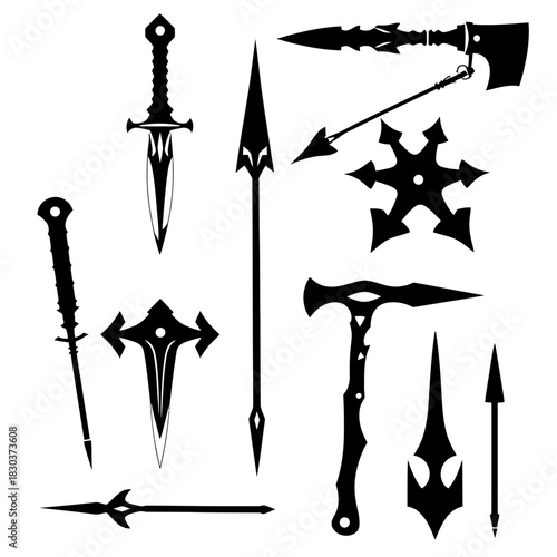 Black  white image of an assortment of weaponry