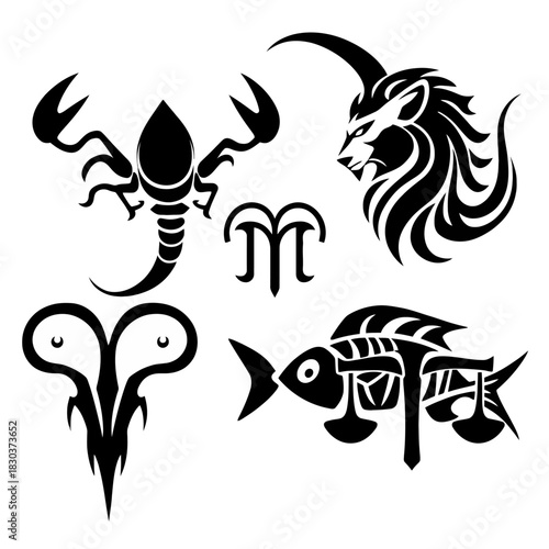 Five stylized zodiac signs scorpion lion aries capricorn and pisces