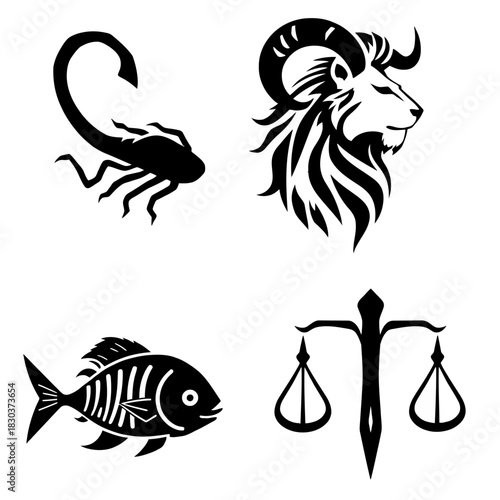 Four zodiac sign icons scorpion ramlion hybrid fish skeleton and scales in black on a white background