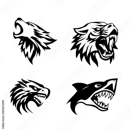 Image displays four black and white animal head graphics wolf tiger eagle shark