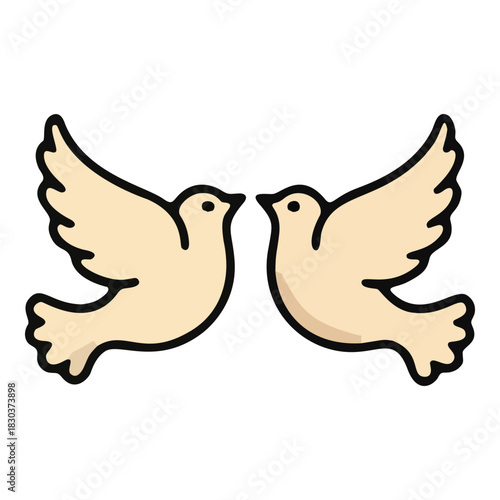 Symmetrical pair of cream-colored cartoon doves with black outlines flying face to face.