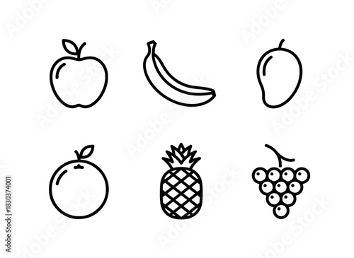 Apple Banana Mango Orange Pineapple Grapes — Minimal bold line icon set