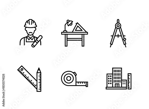 Architect Drafting Table Compass Ruler Measuring Tape Scale Model Minimal Bold Line Icons
