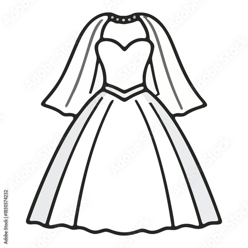 Elegant Line Art Illustration of a Wedding Dress with Veil.