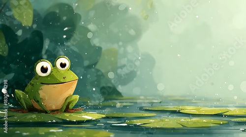 Adorable cartoon frog resting on green lily pad in serene pond with water droplets and bokeh