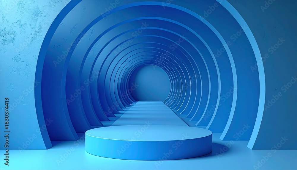 Obraz premium Abstract blue light tunnel with a curved technology spiral pattern and motion lines in a futuristic 3D space vector design
