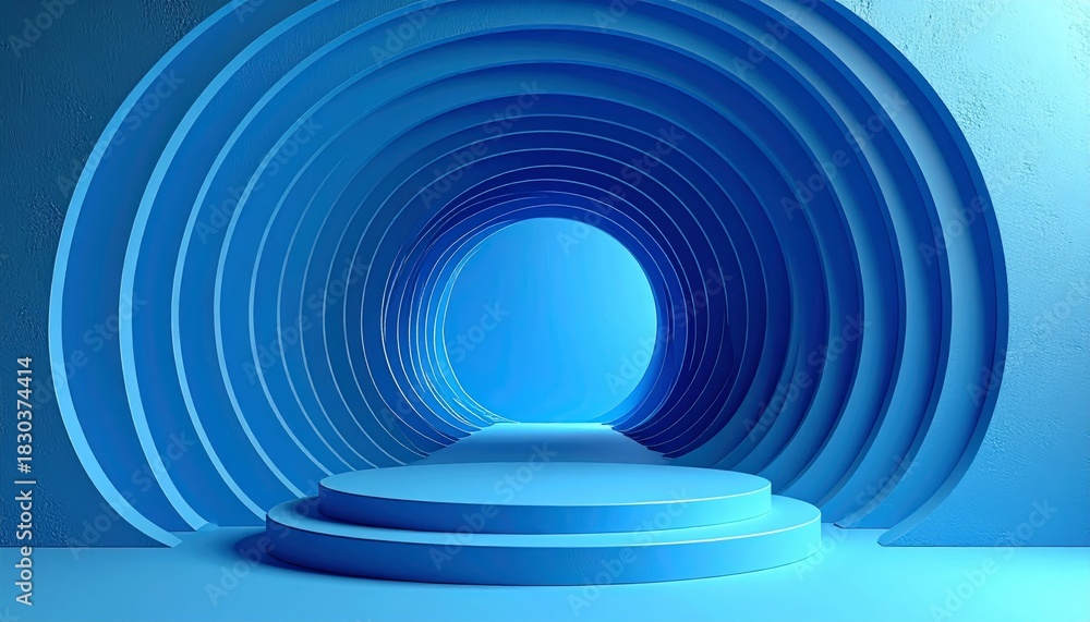 Fototapeta premium Abstract blue light tunnel with a curved technology spiral pattern and motion lines in a futuristic 3D space vector design
