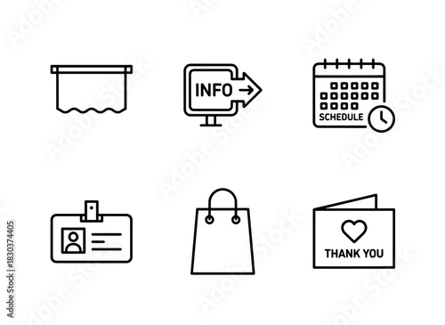 Banner Signage Event Schedule Name Tag Gift Bag Thank You Card Icon Set
