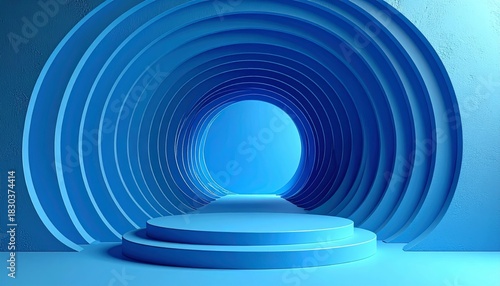 Fototapeta Naklejka Na Ścianę i Meble -  Abstract blue light tunnel with a curved technology spiral pattern and motion lines in a futuristic 3D space vector design