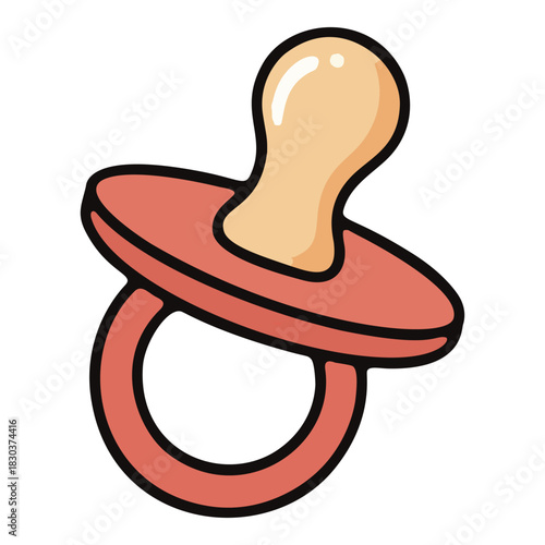 A simple cartoon illustration of a pink and beige baby pacifier with a ring handle.