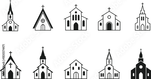 Minimalist Black and White Vector Set of Christian Church Icons, Featuring Various Architectural Styles, Perfect for Religious Services, Logos, and Graphic Design.