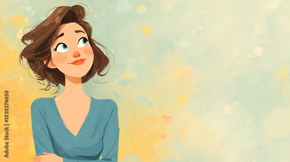 Fototapeta premium Whimsical cartoon woman with bright eyes and brown hair. looking up with a hopeful expression on a