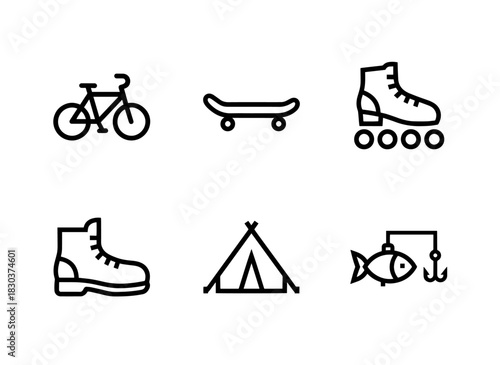 Bicycle Skateboard Roller Skates Hiking Camping Fishing Minimal Bold Line Icon Set