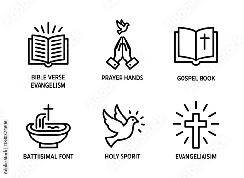 Bible Verse Evangelism Prayer Hands Holy Spirit Gospel Book Baptismal Font Minimal Bold Line Icons
