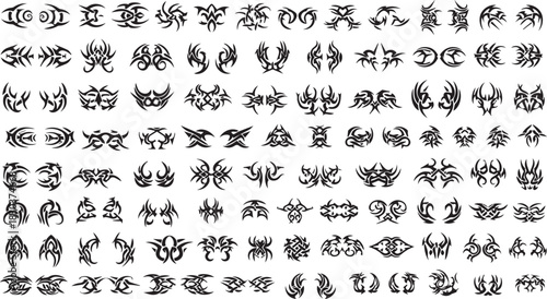 Large Set of Abstract Black Tribal Tattoo Designs and Modern Graphic Symbols Isolated on White.