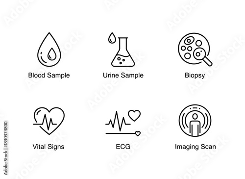 Blood Sample Urine Sample Biopsy Vital Signs ECG Imaging Scan Minimal Bold Line Icons