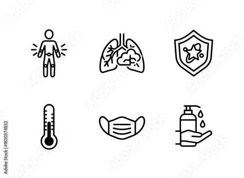 Body Ache Respiratory Infection Immune System Thermometer Medical Mask Hand Sanitizer Icons