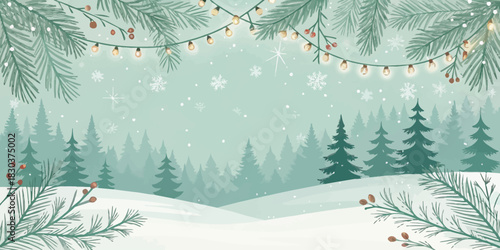 Christmas winter scene with snow covered hills, pine trees, snowflakes and string lights above