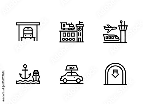 Bus Stop Train Station Airport Harbor Taxi Stand Subway Entrance Minimal Bold Line Icons