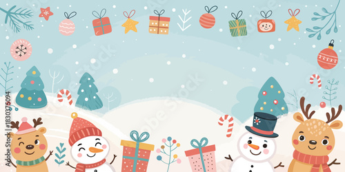 Christmas festive winter scene with snowmen reindeer christmas trees and gifts decoration border