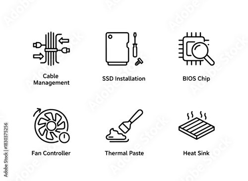 Cable Management SSD Installation BIOS Chip Fan Controller Thermal Paste Heat Sink Computer Hardware Icons