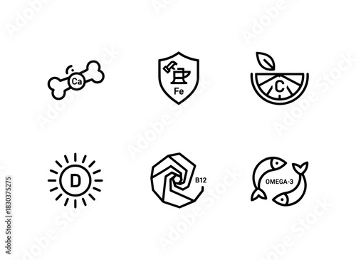 Calcium Iron Vitamin C Vitamin D Vitamin B12 Omega Minimal Bold Line Icon Set
