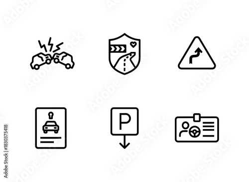 Car Crash Road Safety Traffic Sign Car License Parking Driving License Minimal Bold Line Icons