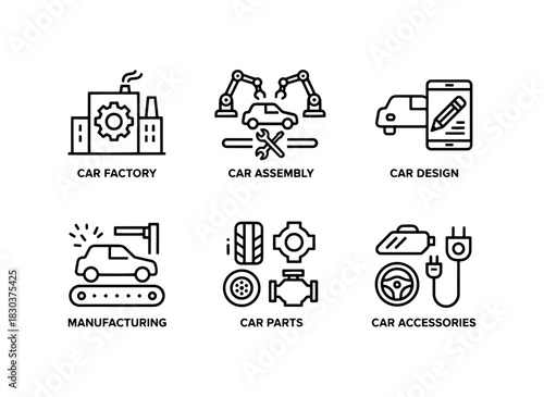 Car Factory Car Assembly Car Design Car Manufacturing Car Parts Car Accessories Minimal Bold Line Icons