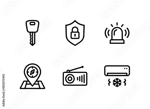Car Key Car Lock Car Alarm Car GPS Car Radio Car Air Conditioning Minimal Bold Line Icons