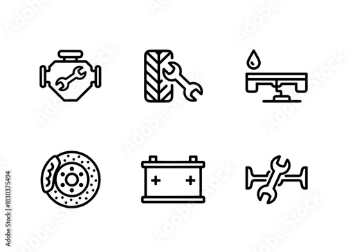 Car Repair Engine Repair Tire Change Oil Change Brake Repair Battery Replacement Minimal Bold Line Icons