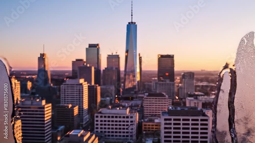 Water droplets on glass blurring city skyline at sunset then clearing to reveal urban landscape view.