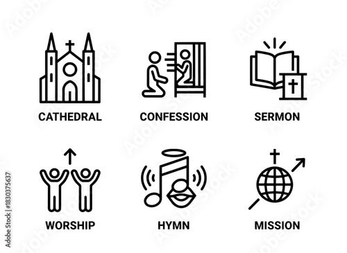 Cathedral Confession Sermon Worship Hymn Mission Minimal Bold Line Icon Set