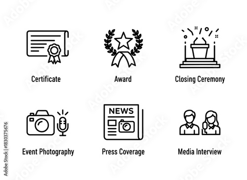 Certificate Award Closing Ceremony Event Photography Press Coverage Media Interview Minimal Bold Line Icons
