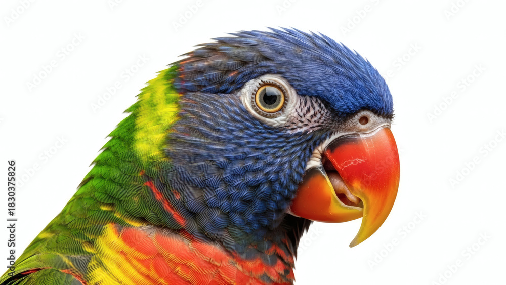 Fototapeta premium Ultra-realistic studio shot of a colorful parrot head portrait, natural tone colors, ultra-sharp feather micro-detail, gentle catchlight in eyes, isolated on clean white background