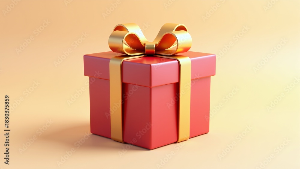 Fototapeta premium Premium 3D rendered red gift box with golden ribbon and bow on pastel orange background for luxury holiday marketing campaigns and corporate gifting promotions