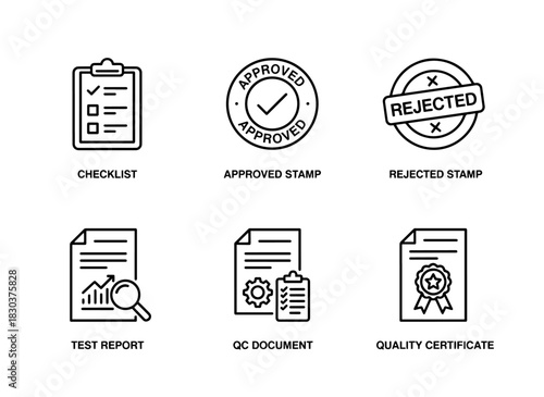 Checklist Approved Stamp Rejected Stamp Test Report QC Document Quality Certificate Minimal Bold Line Icons