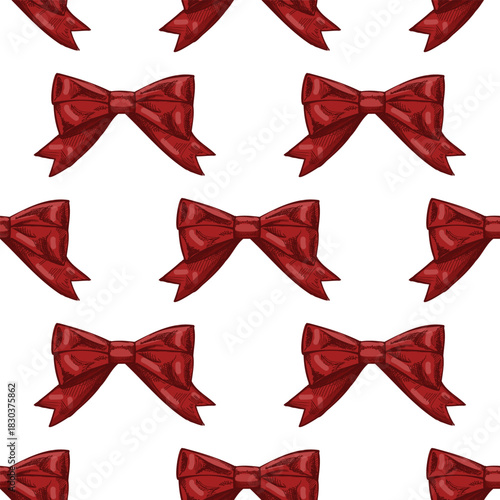 Hand drawn vintage seamless pattern of decorative red bows and ribbons, pastel color and monochrome version
