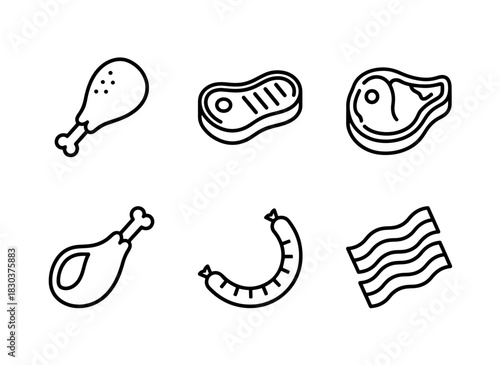 Chicken Drumstick Beef Steak Pork Chop Lamb Leg Sausage Bacon Minimal Bold Line Icons