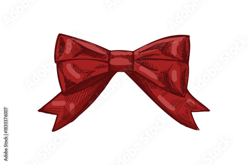 Hand drawn vintage seamless pattern of decorative gift bows and ribbons in red and monochrome versions, sketch style
