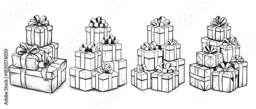 Hand drawn gift box stacks with ribbons and bows in festive holiday sketch style
