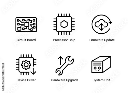 Circuit Board Processor Chip Firmware Update Device Driver Hardware Upgrade System Minimal Bold Line Icons