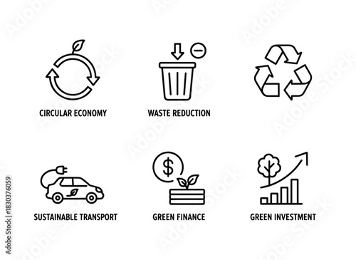 Circular Economy Waste Reduction Recycling Sustainable Transport Green Finance Minimal Bold Line Icons